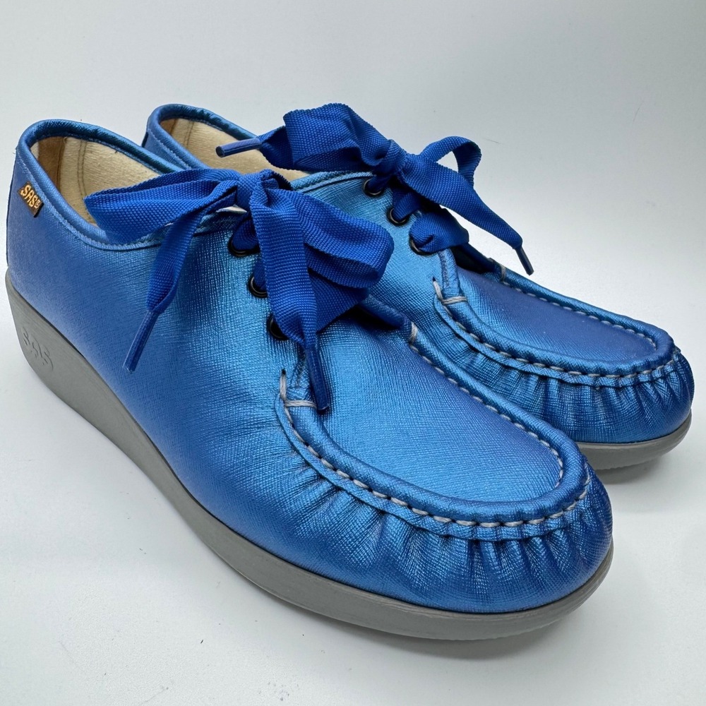 SAS Siesta Loafers Womens 10 W Blue Excellent Metallic Lace Up Comfort Shoes